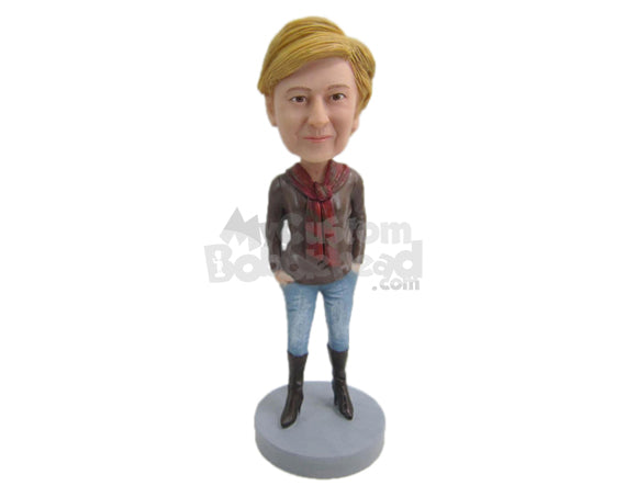 Custom Bobblehead Smart Gorgeous And Bold Woman In Long Boots With Scarf Around Her Neck - Leisure & Casual Casual Females Personalized Bobblehead & Cake Topper Custom Bobblehead Smart Gorgeous And Bold Woman In Long Boots With Scarf Around Her Neck - Leisure & Casual Casual Females Personalized Bobblehead & Cake Topper